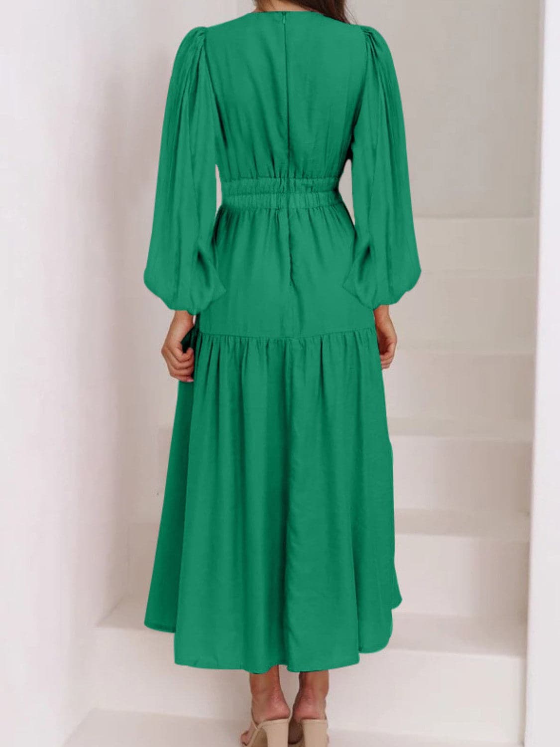 Deep V-Neck Balloon Sleeve Plain Maxi Dress.