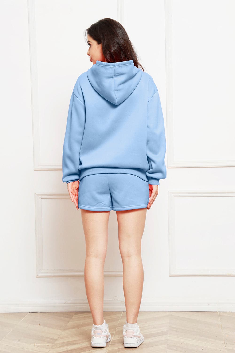 Drop Shoulder Long Sleeve Hoodie and Shorts Set.