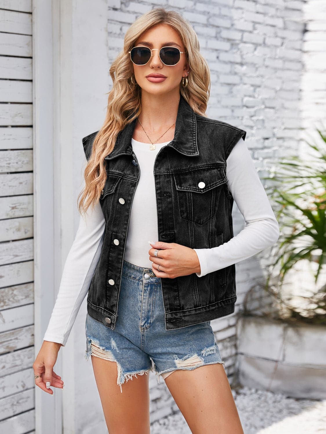 Button Up Cap Sleeve Denim Jacket.