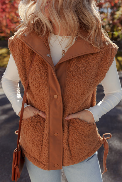 Premium Cinnamon Faux Fur Vest Snap Button Front Knot Side Pockets
