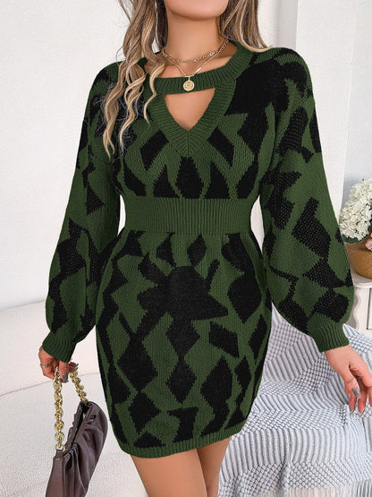 Contrast Round Neck Cutout Long Sleeve Mini Sweater Dress.