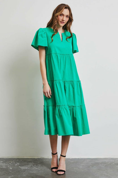 HEYSON Full Size Cotton Poplin Ruffled Tiered Midi Dress.