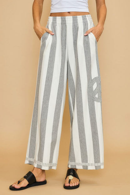 Peaceful Vibes Striped Wide Leg Trousers with Patch Detail