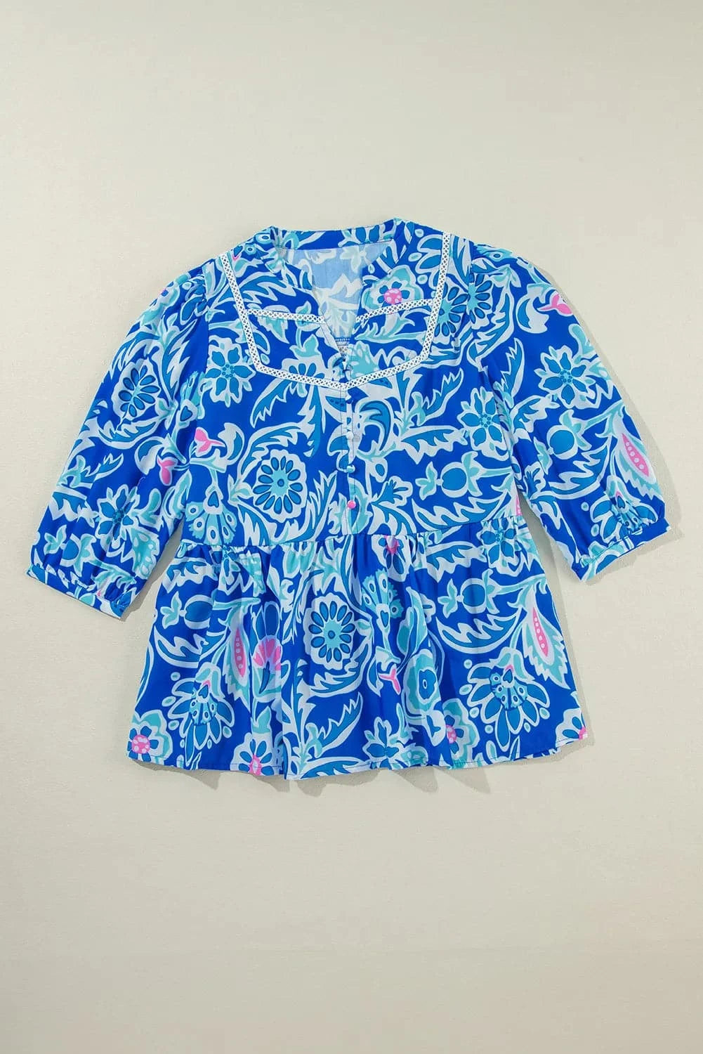 Printed Notched Three-Quarter Sleeve Blouse.