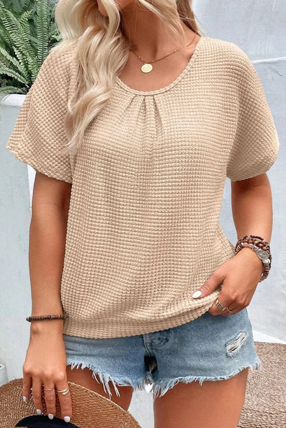 Plus Size Textured Lace Round Neck Short Sleeve T-Shirt.