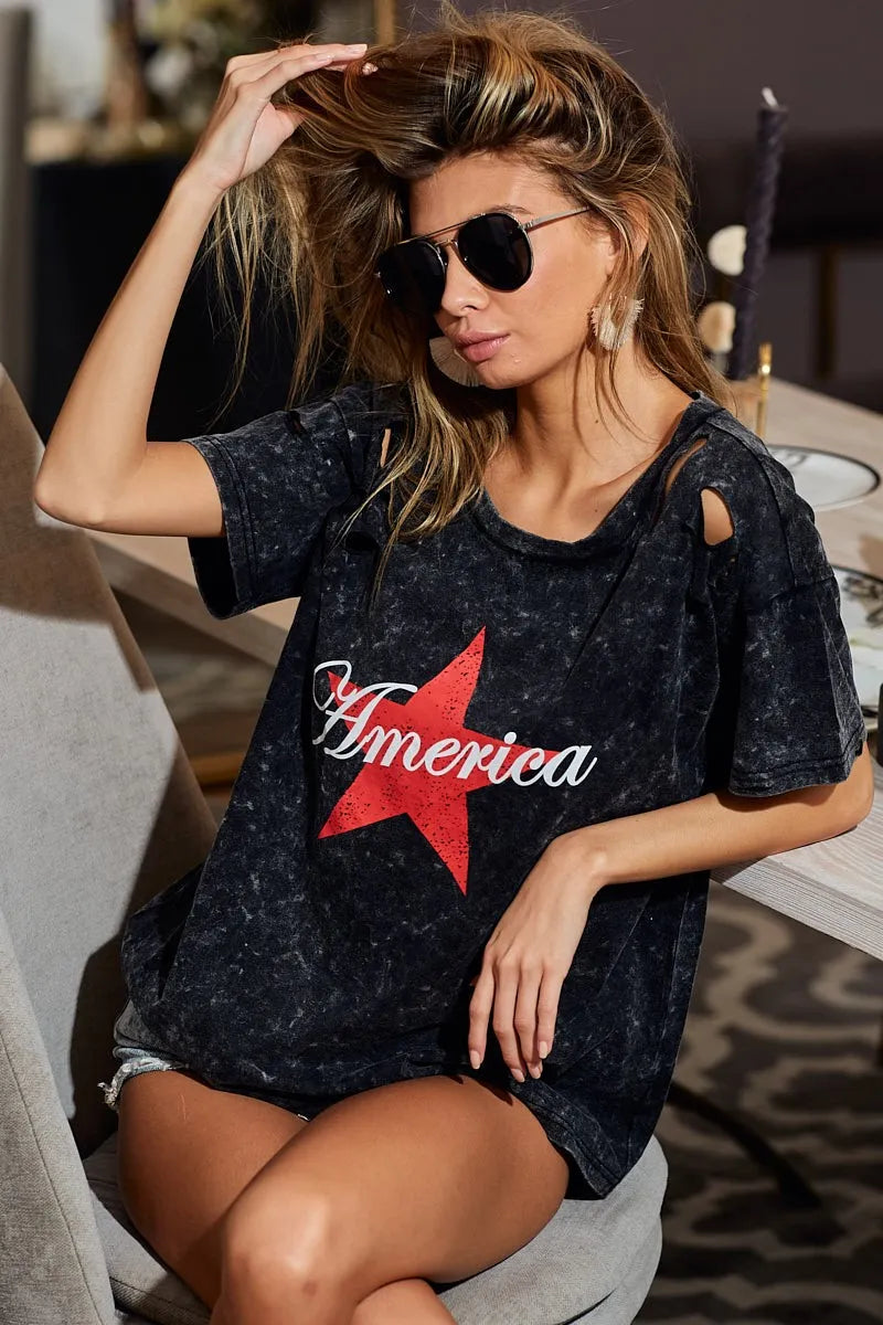 BiBi Laser Cut Mineral Washed Jersey Top with America - Love Salve 