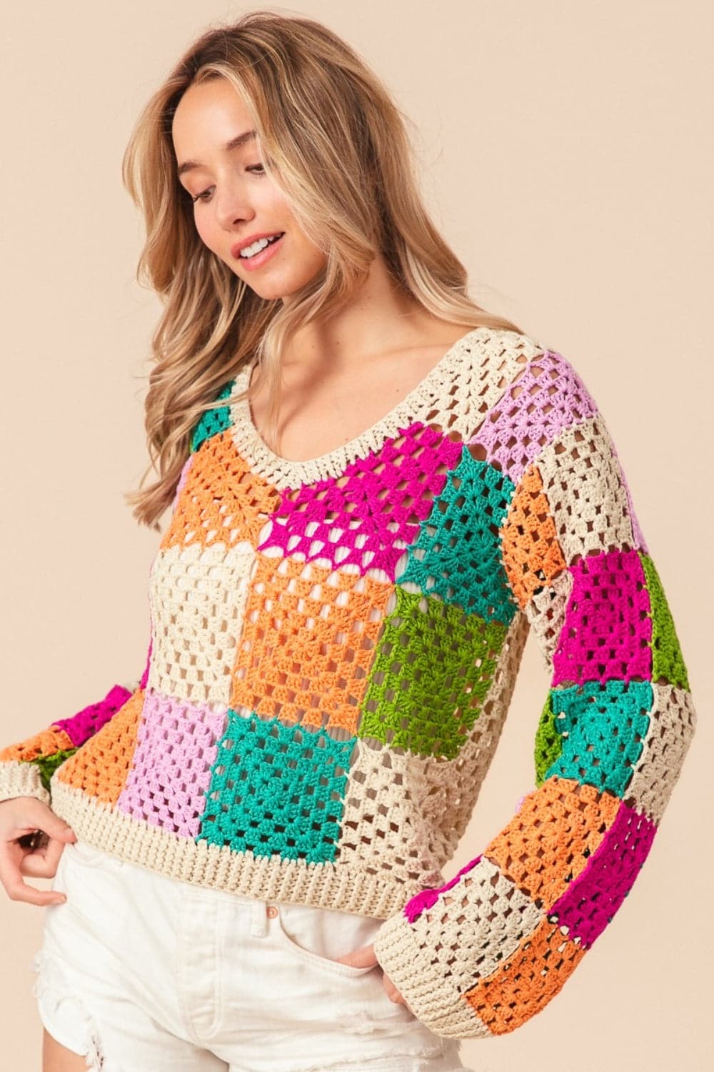 BiBi Multi Color Checkered Long Sleeve Knit Top.