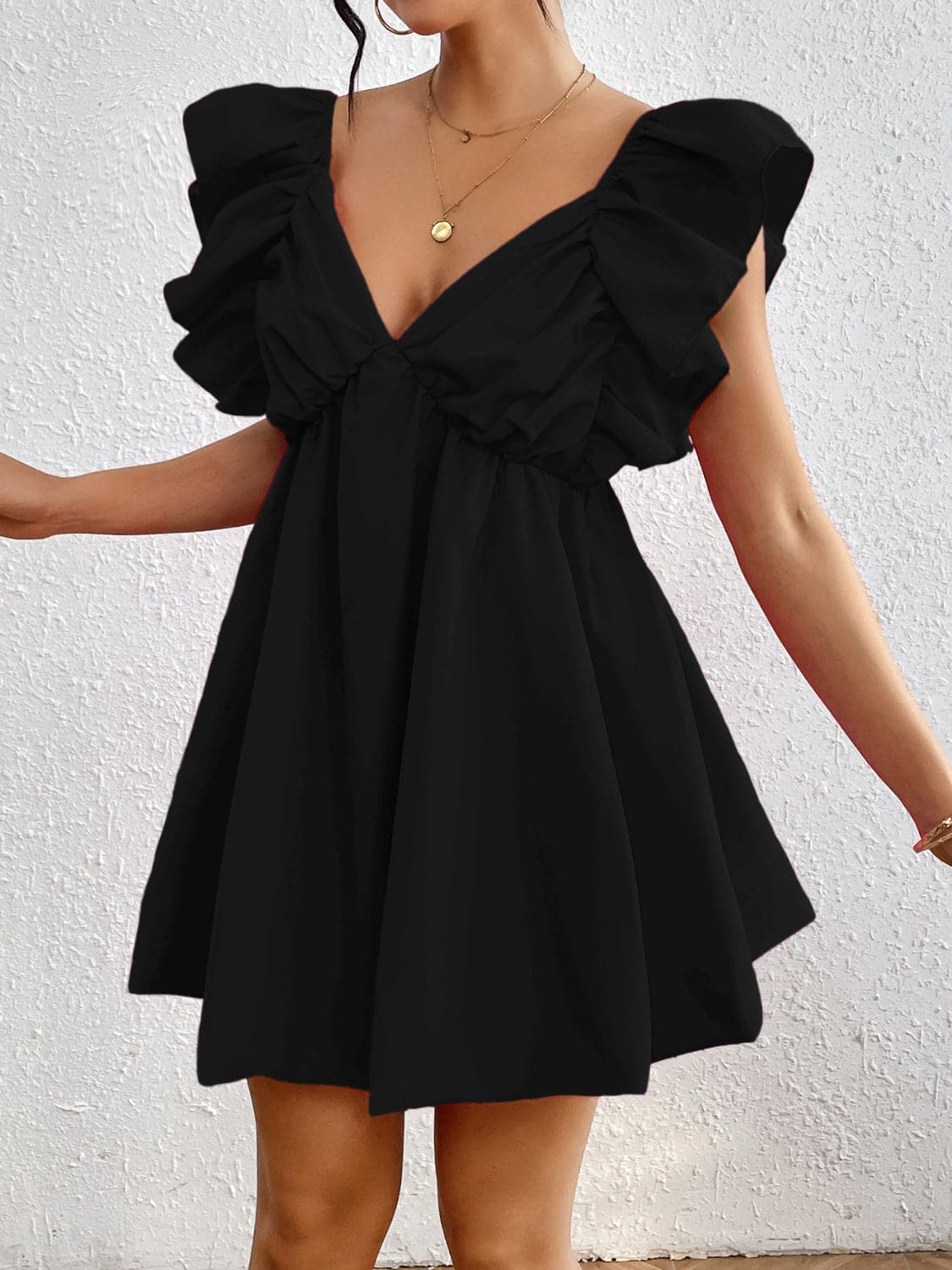 Ruffled V-Neck Cap Sleeve Mini Dress.