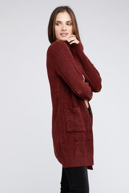 Twisted texture open front cardigan with pockets