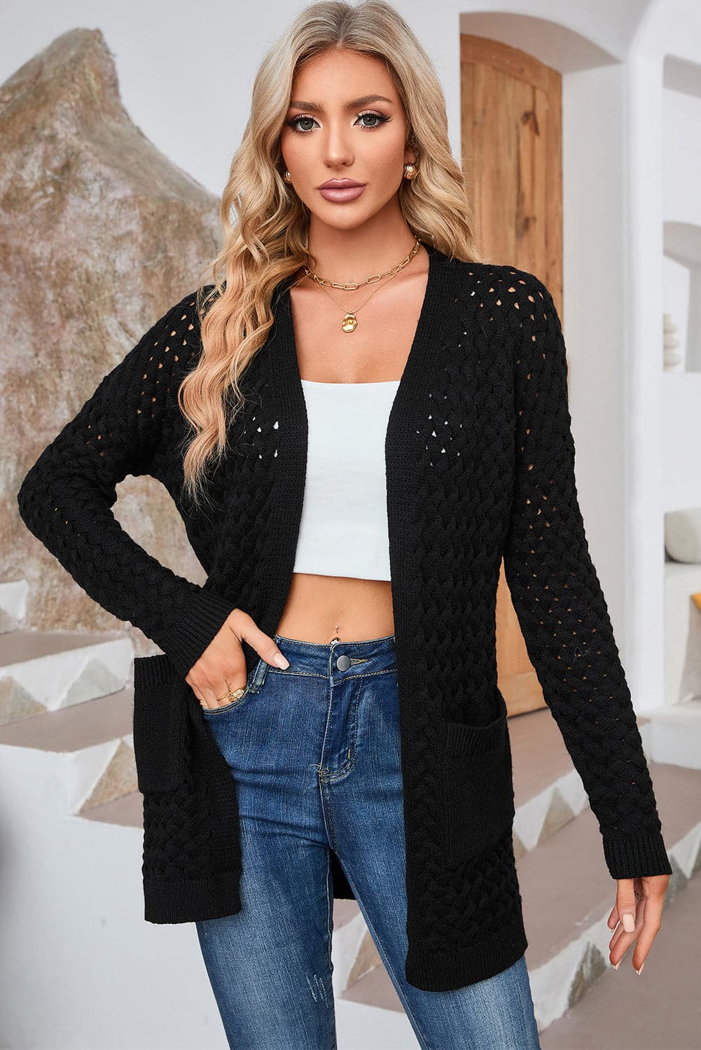 Open Front Dropped Shoulder Cardigan with Pockets.