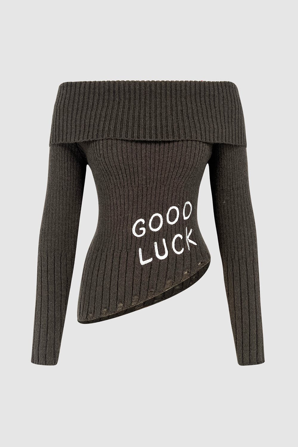 GOOD LUCK Distressed Off-Shoulder Sweater.