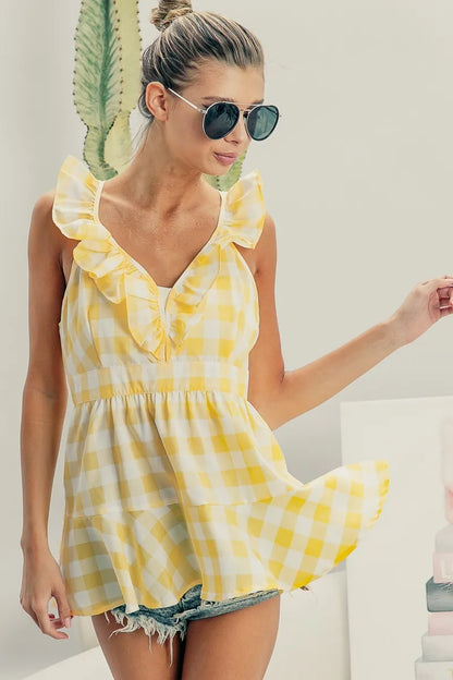 BiBi Ruffled Neckline Sleeveless Check Plaid Peplum Top - Love Salve 