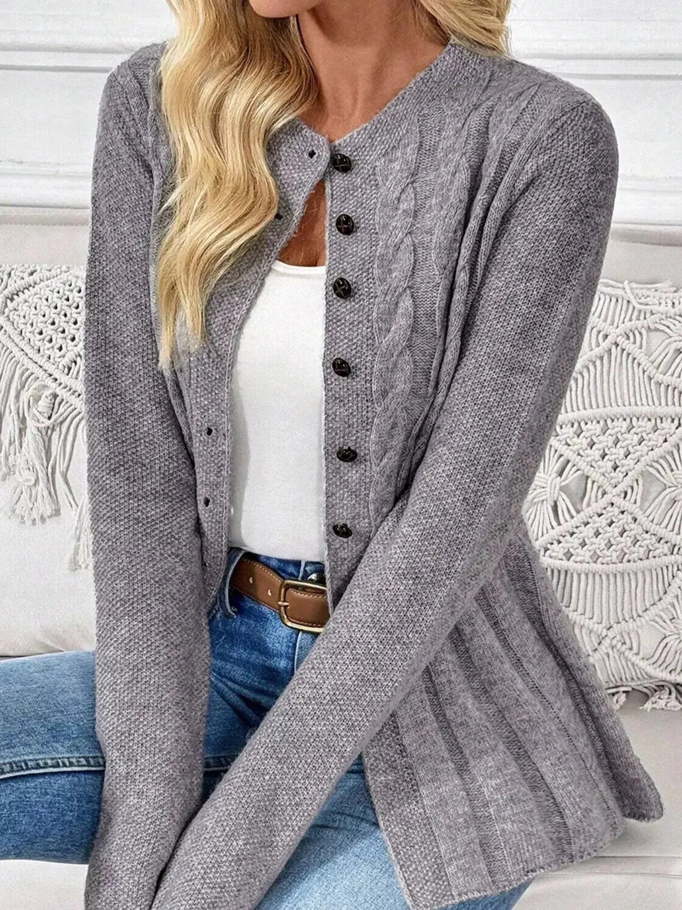 Gray Cable Knit Cardigan With Button Front And Relaxed Fit Simply Love