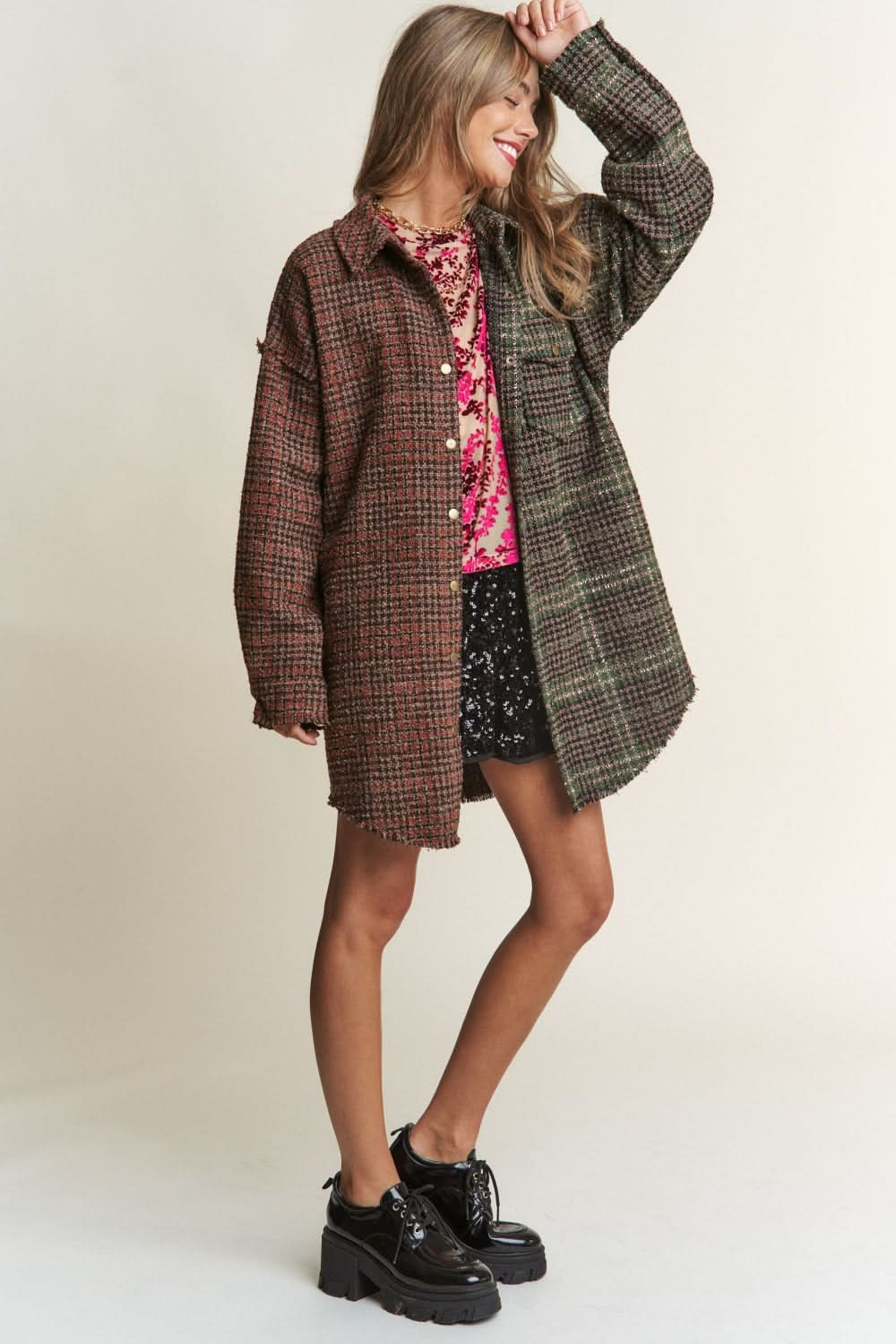 J.nna longline tweed plaid shacket