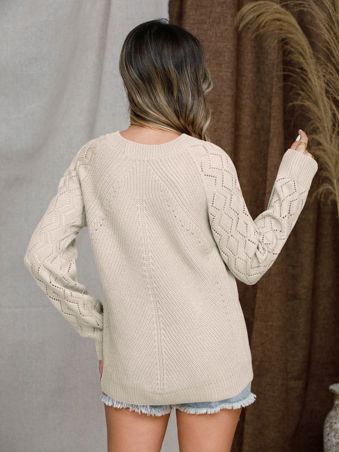 Openwork Round Neck Raglan Sleeve Sweater.