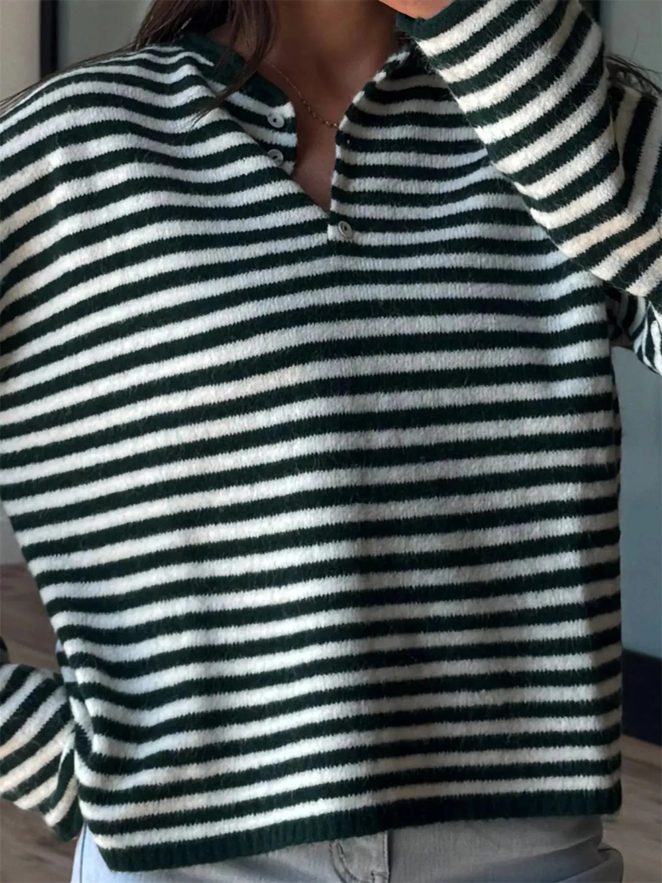 Button Detail Dropped Shoulder Striped Sweater Simply Love