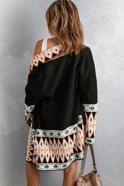 Geometric Open Front Long Sleeve Cardigan.