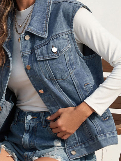 Collared Neck Sleeveless Denim Jacket.