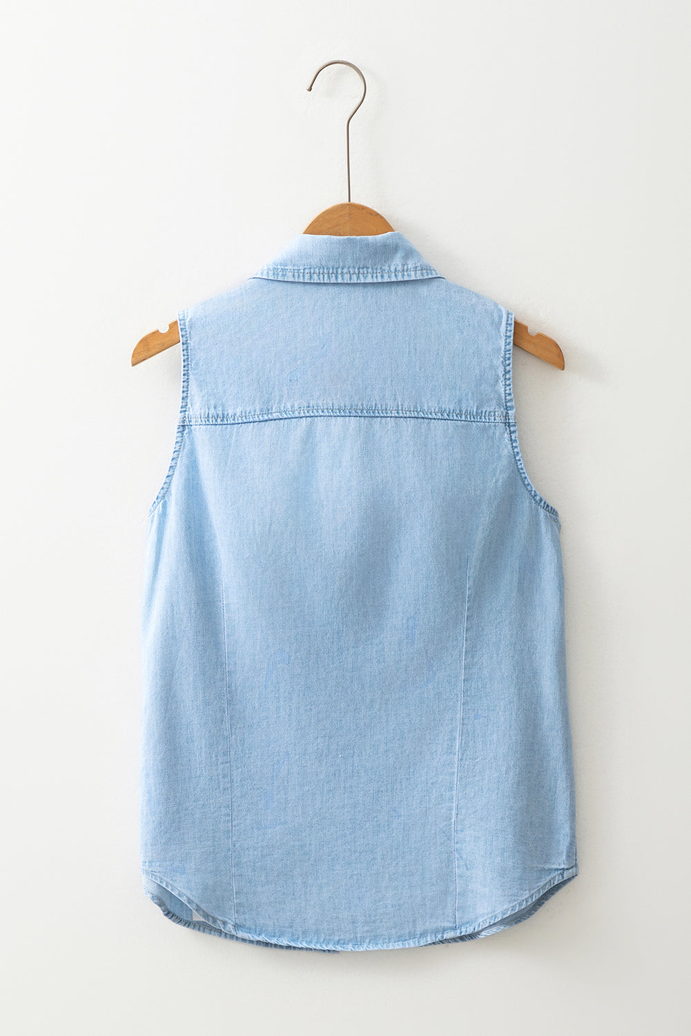 Light Blue Sleeveless Denim Collared Shirt for Casual Wear