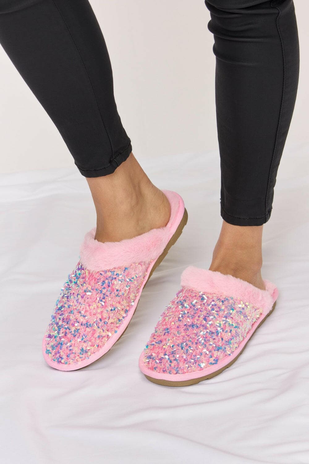 Forever Link Sequin Plush Round Toe Slippers.