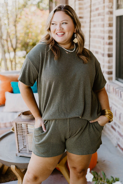 Moss green plus size lounge set with ribbed top and shorts