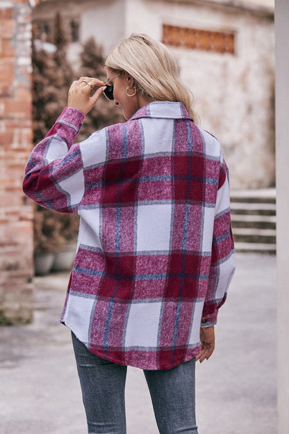 Plaid Long Sleeve Shirt Jacket with Pockets.