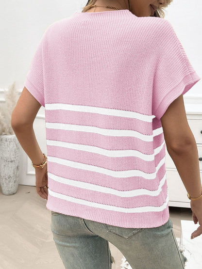 Striped Round Neck Short Sleeve Sweater.