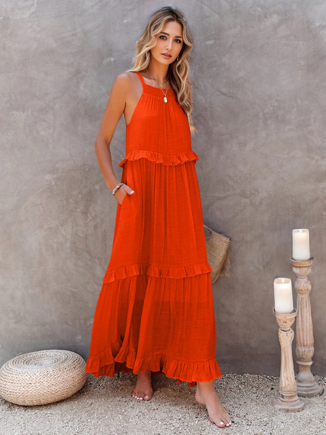 Ruffled Sleeveless Tiered Maxi Dress with Pockets.