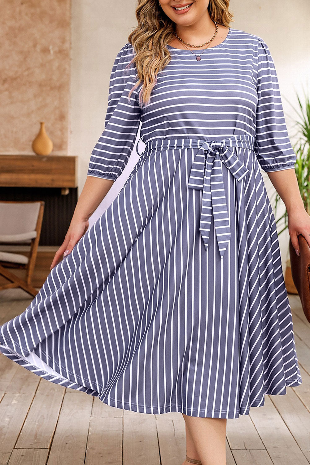 Chic gray striped plus size dress with tie waist and 3/4 sleeves