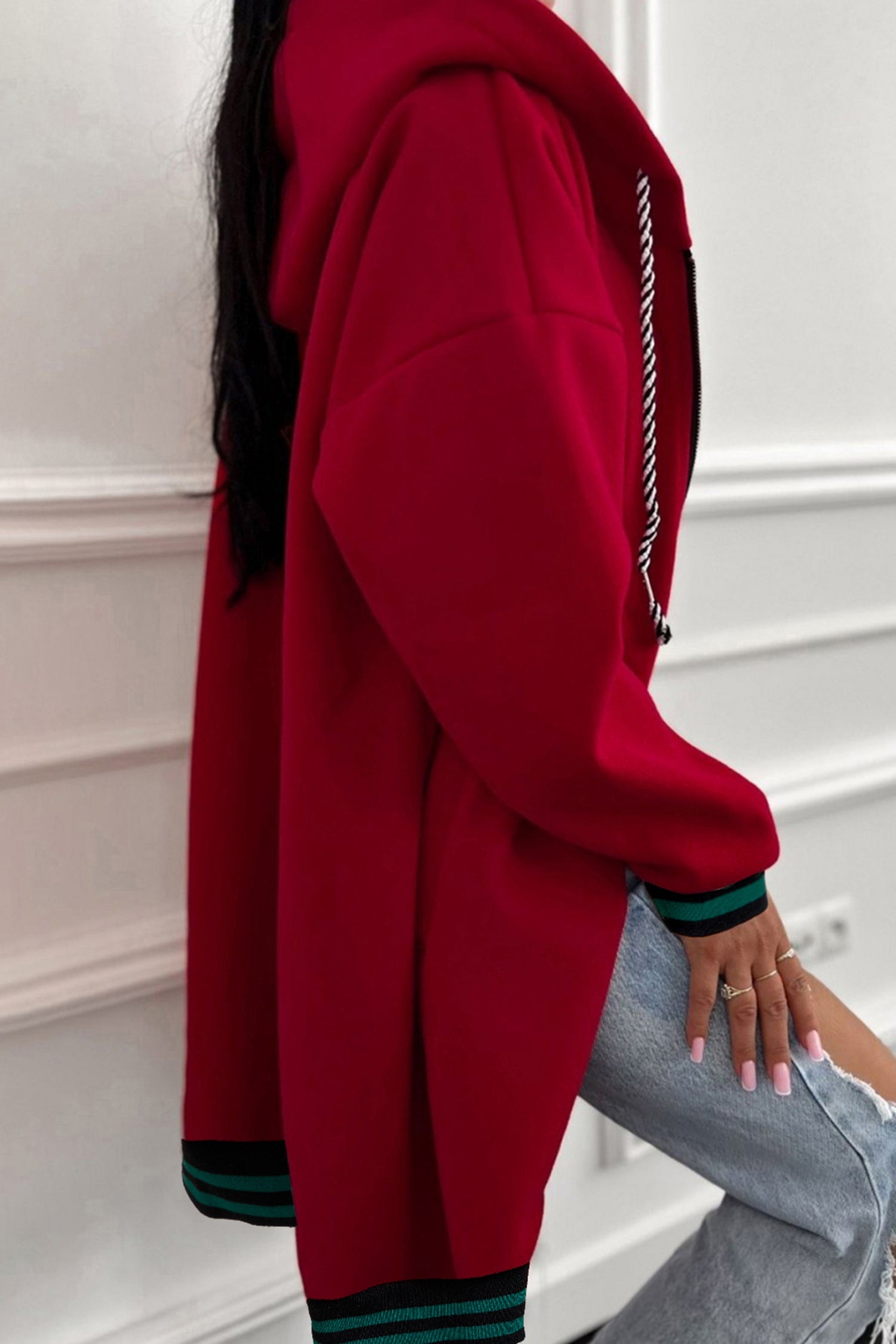 Racing Red Contrast Cuffed Drop Shoulder Zip Up Tunic Hoodie Dear-Lover Dropshipping