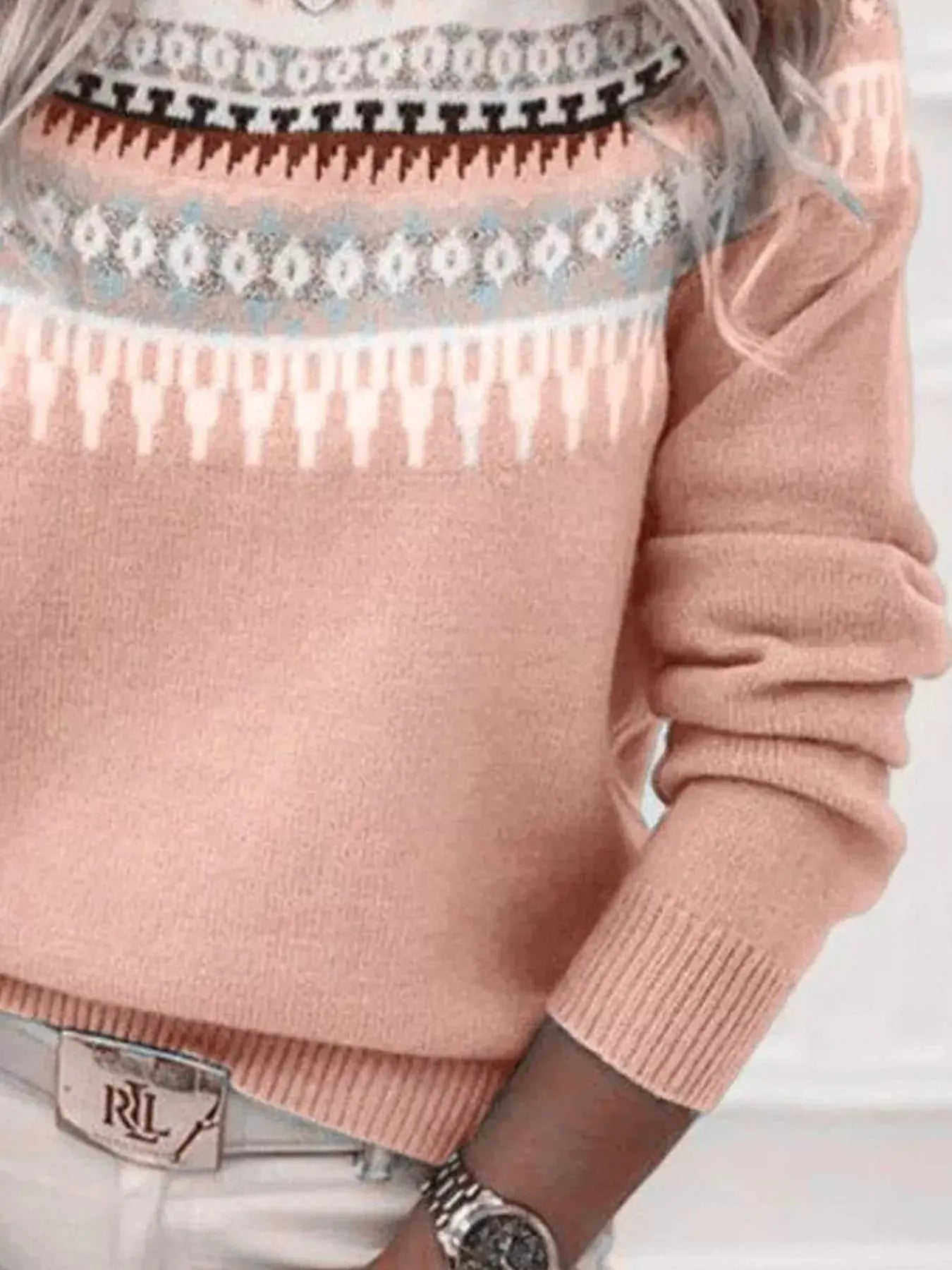Full Size Vintage Patterned Round Neck Sweater Plus Size Simply Love
