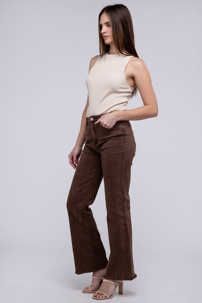 Trendy acid wash frayed hem wide-leg pants