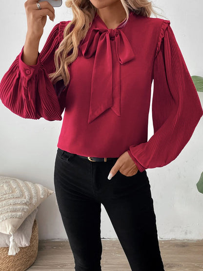 Frilled Tie Neck Long Sleeve Blouse by Perfee