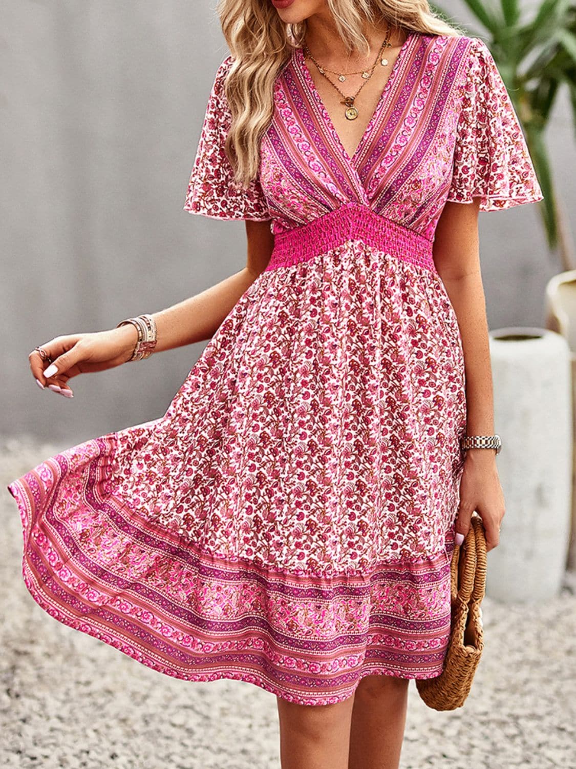 Floral Smocked Waist Short Sleeve Mini Dress.