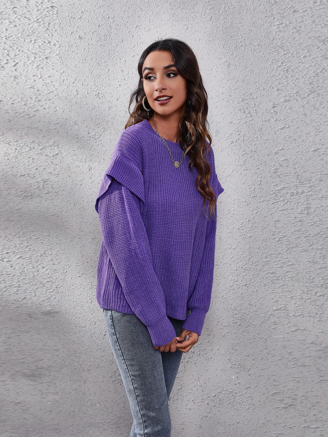 Ruffled Round Neck Dropped Shoulder Sweater.