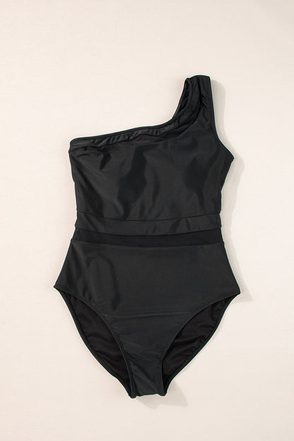 Sleek one-shoulder high-waist mesh teddy swimsuit in black