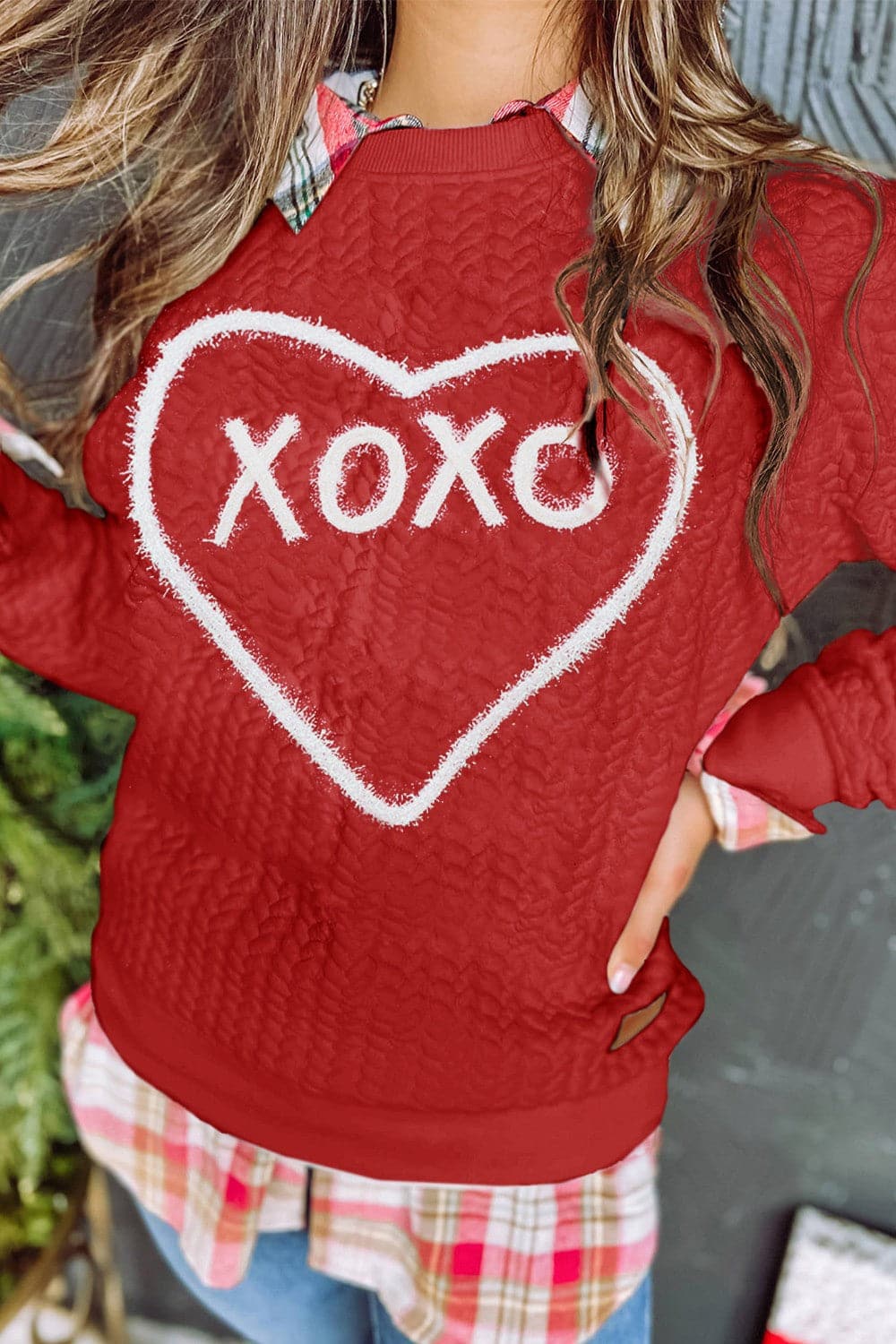 XOXO Heart Round Neck Dropped Shoulder Sweatshirt.