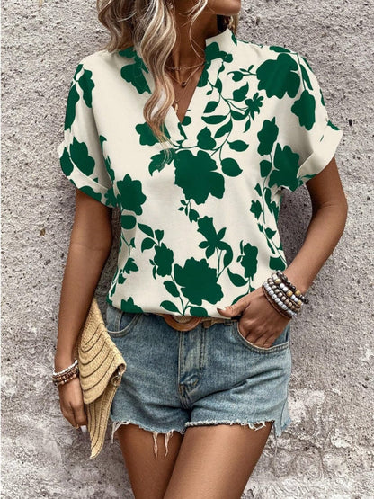 Flower Notched Short Sleeve Blouse.