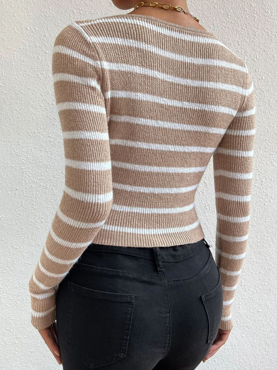 Striped Notched Long Sleeve Sweater