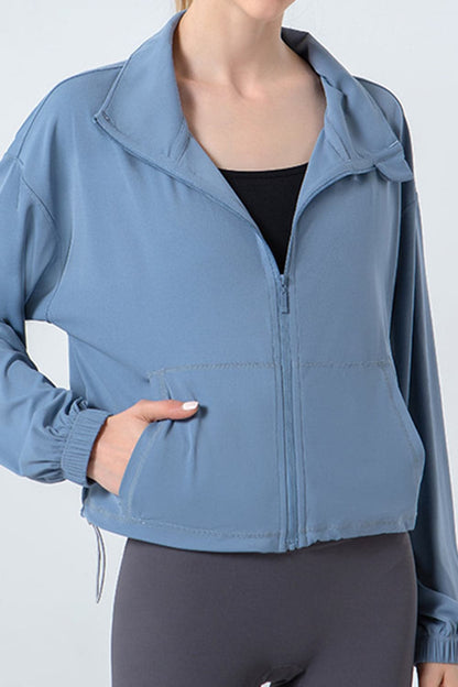 Drawstring Zip Up Dropped Shoulder Active Outerwear.