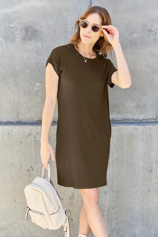 Basic Bae Full Size Round Neck Short Sleeve Dress with Pockets - Love Salve