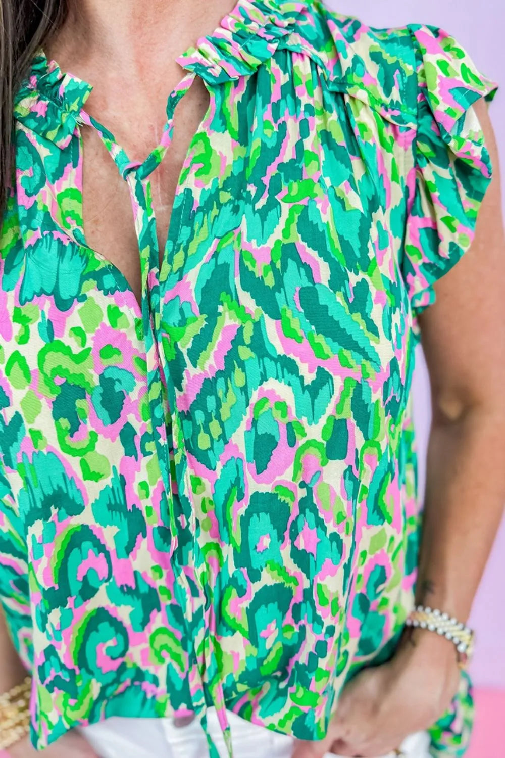 Abstract Print Ruffled Trim Tie Neck Top - Product image 6 by Simply Love