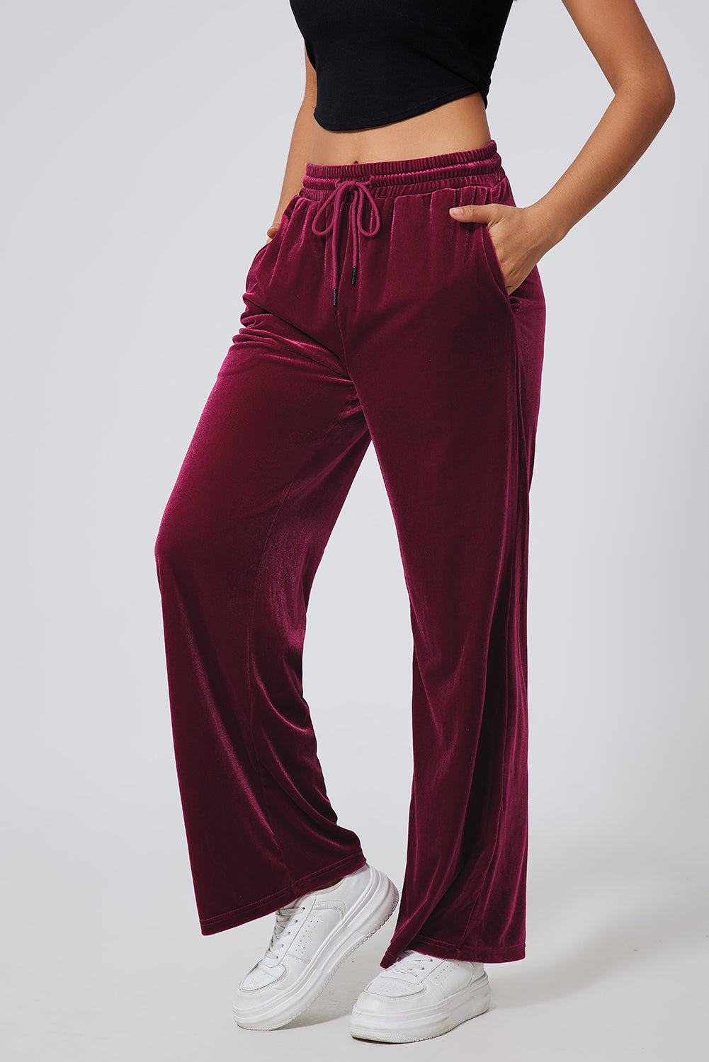 Burgundy wide leg pants with drawstring