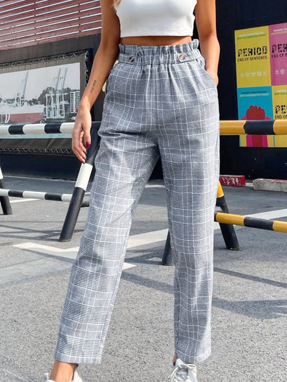 Plaid Elastic Waist Straight Pants