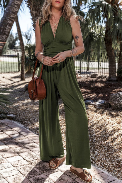 V-Neck Sleeveless Wide Leg Jumpsuit.