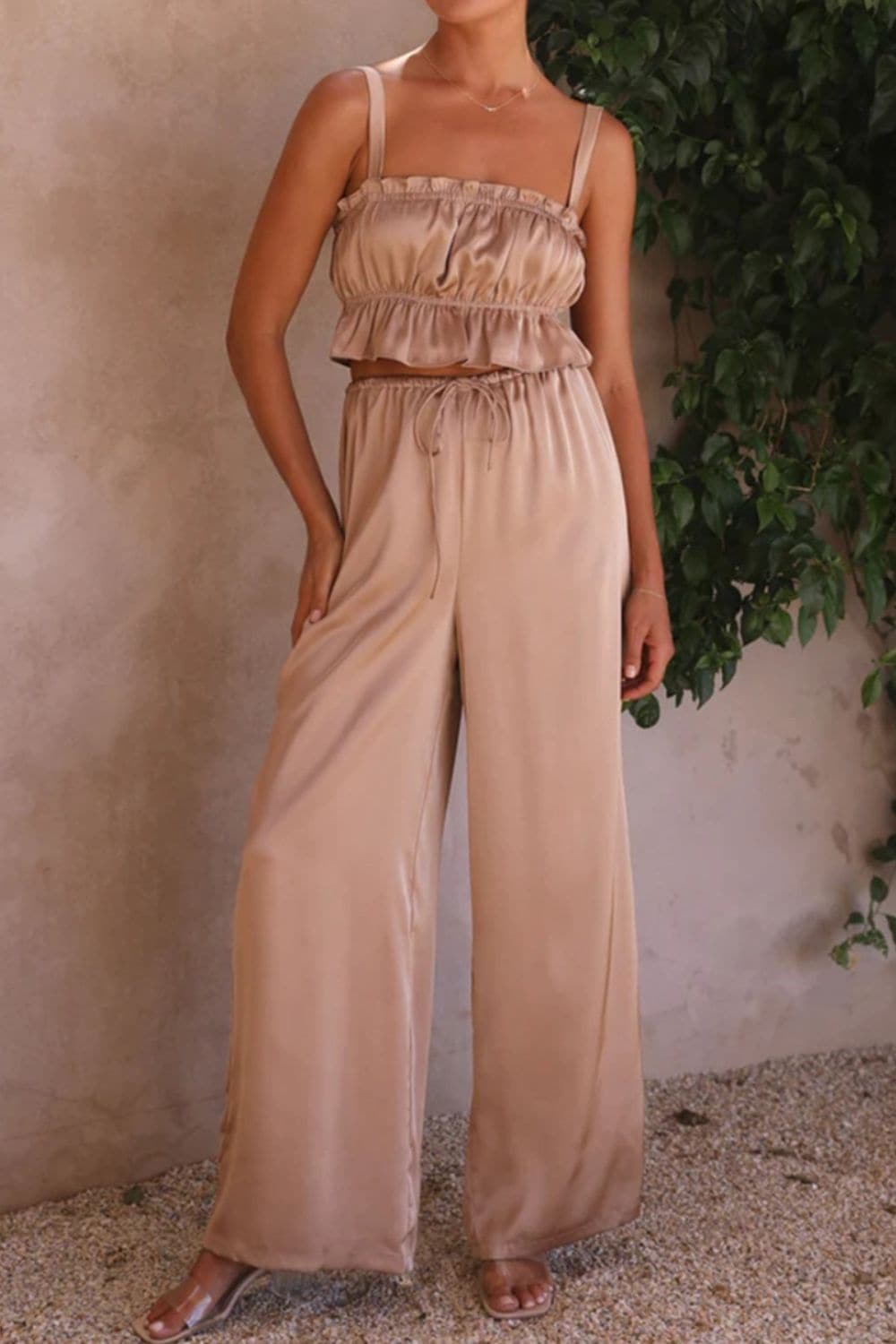 Ruffled Sleeveless Top and Wide Leg Pants Set.