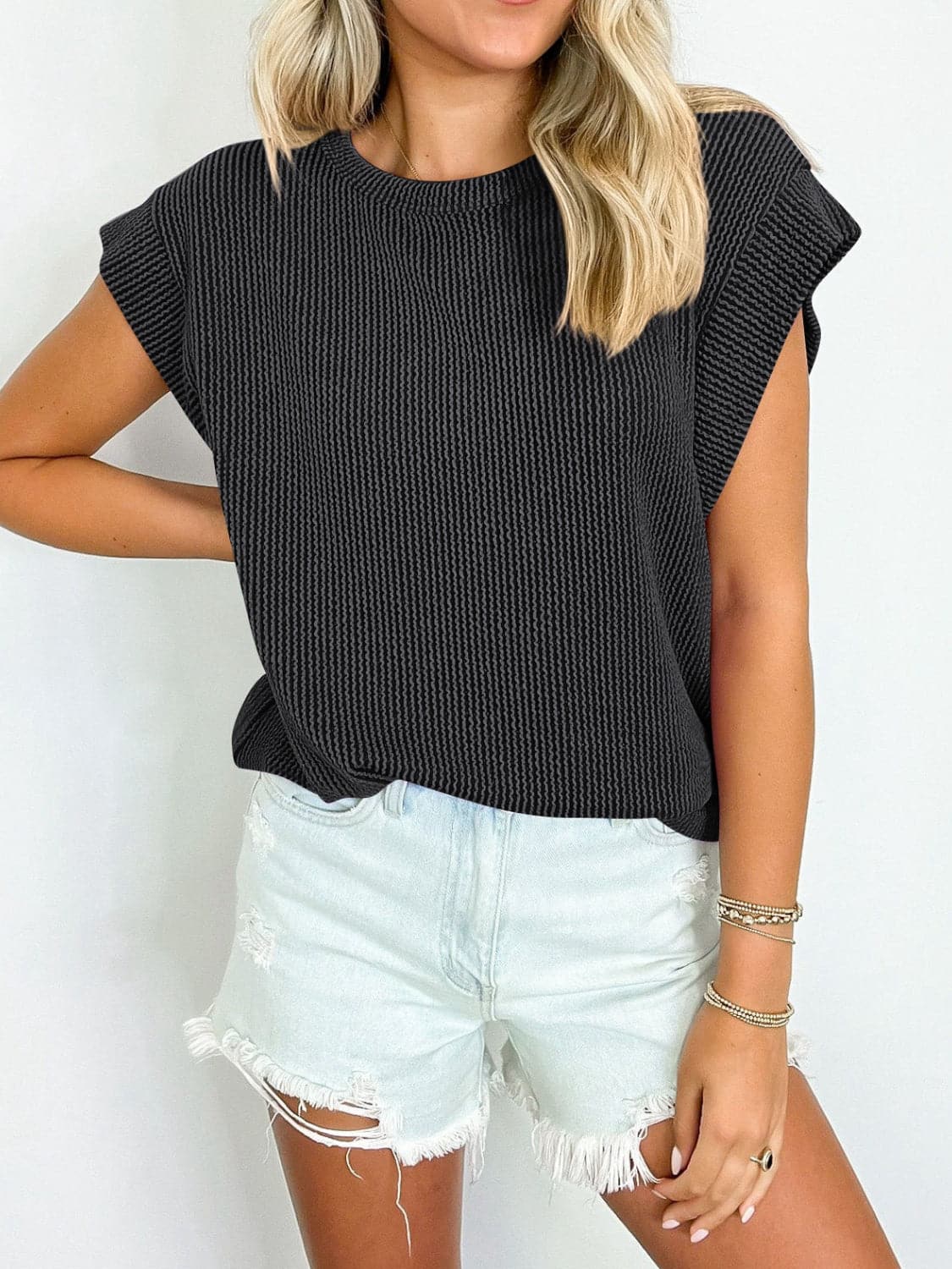 Textured Round Neck Cap Sleeve Blouse.