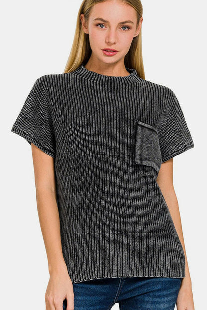 Zenana Pocketed Mock Neck Short Sleeve Sweater.