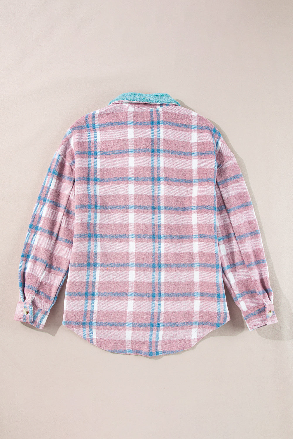 Pink plaid color block shacket with collared flap pockets