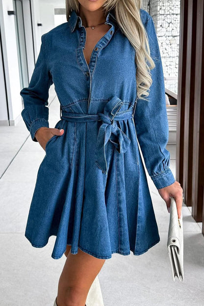 Tied Half Button Long Sleeve Denim Dress.